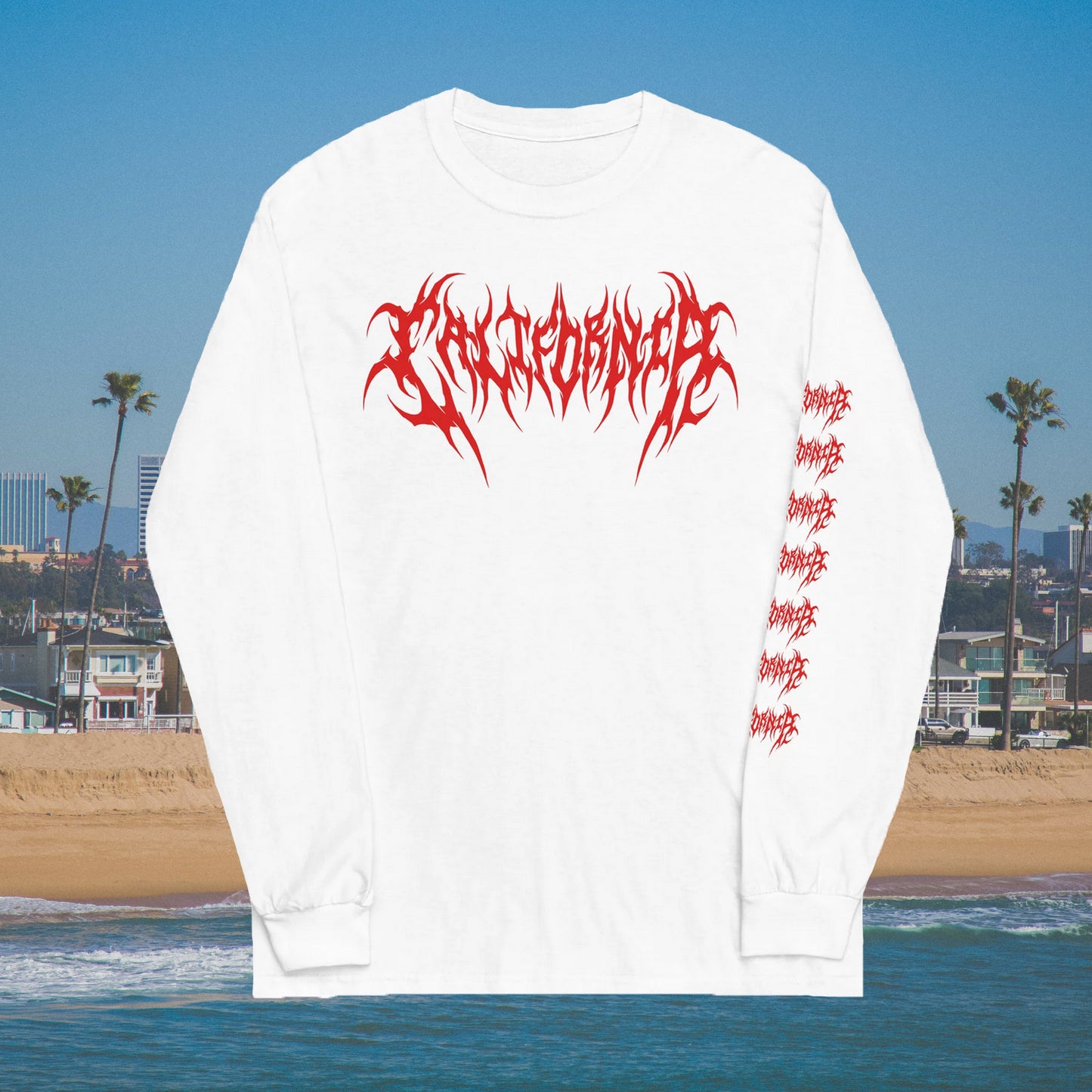 California White and Red Long Sleeve Death Metal T-Shirt