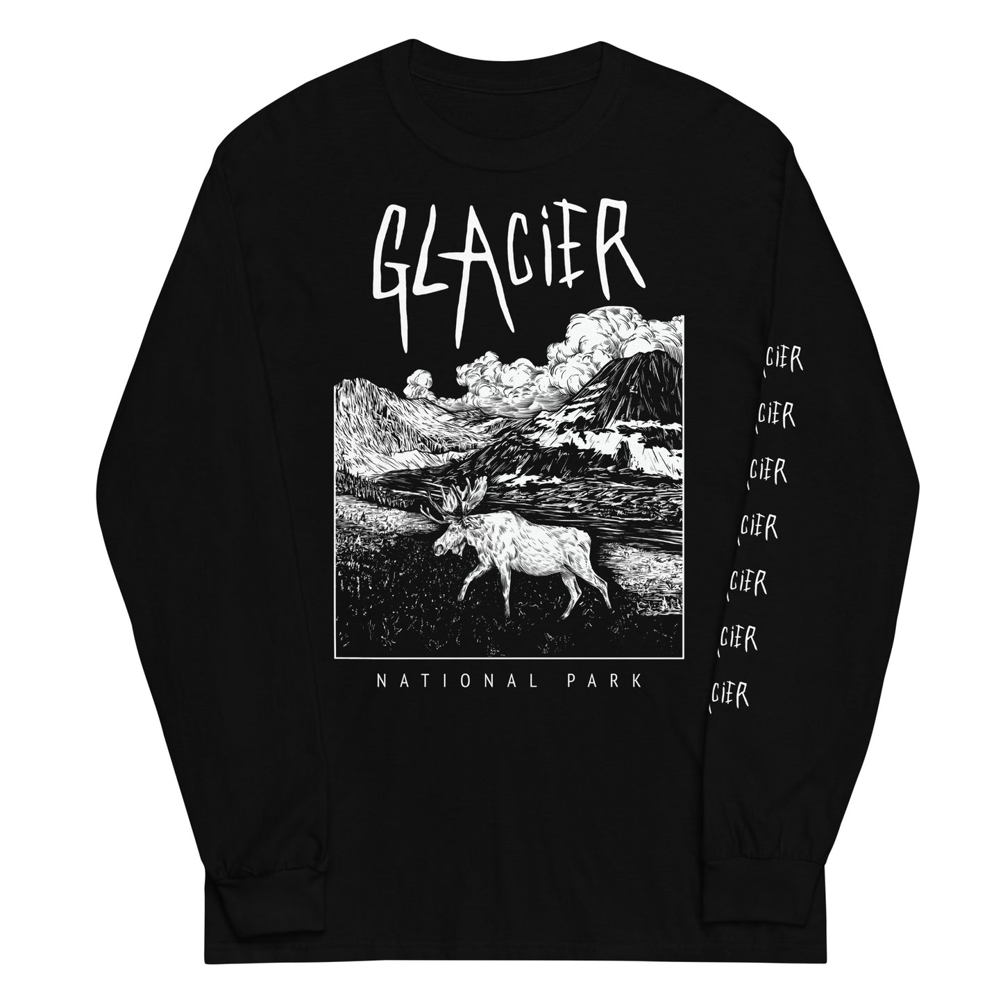 Glacier National Park Black Long Sleeve Death Metal T-Shirt