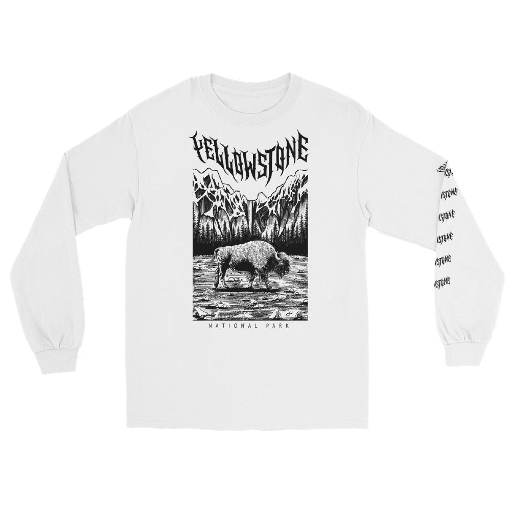 Yellowstone National Park White Long Sleeve Death Metal T-Shirt