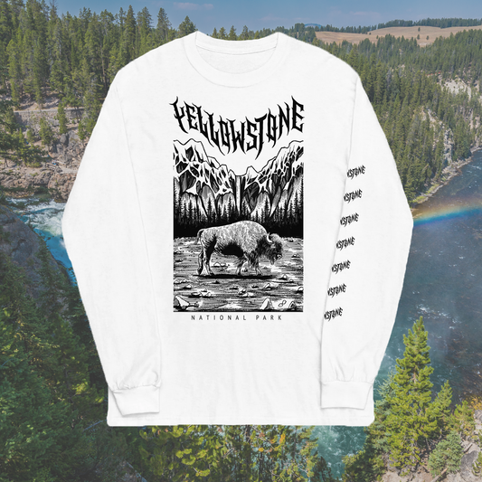Yellowstone National Park White Long Sleeve Death Metal T-Shirt