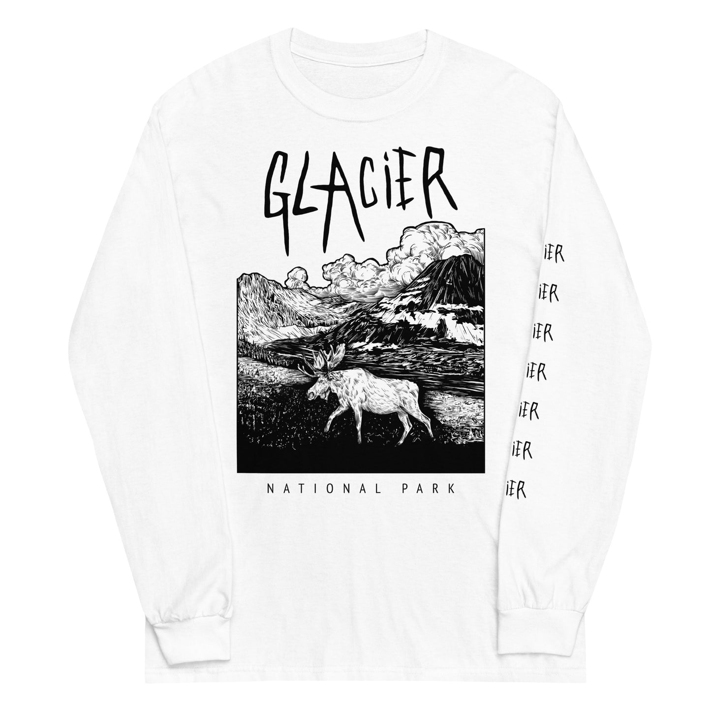 Glacier National Park White Long Sleeve Death Metal T-Shirt